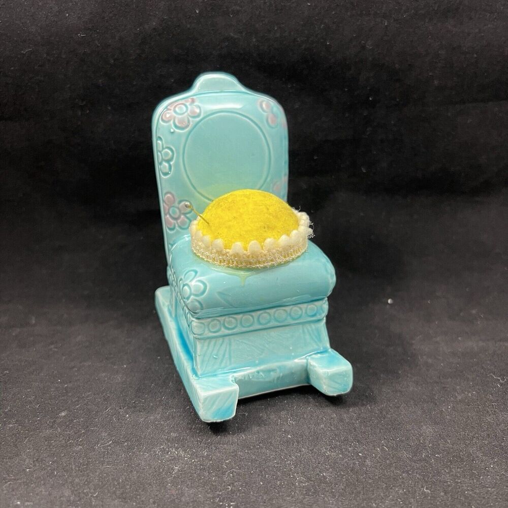 Vintage Ceramic Blue Rocking Chair Pin Cushion